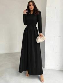 Firerie 女式黑色圆领长袖口袋休闲连衣裙