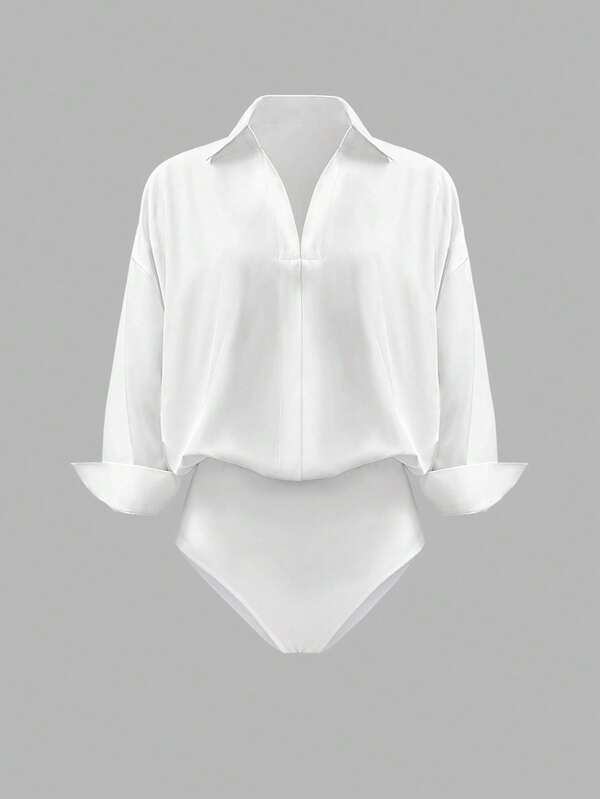 INAWLY Body camisa branca manga comprida casual minimalista plus size