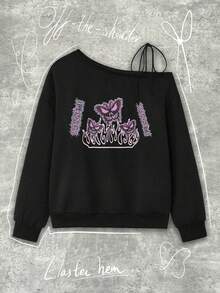 Y2Kool Studio Chunk 女士秋季黑色Y2K美式复古火焰蝴蝶字母涂鸦印花性感露肩不对称下摆毛边无帽卫衣宽松上衣秋冬图案连帽衫女士露肩卫衣女士S码卫衣图案卫衣黑色Y2K上衣时尚服装系列新年穿搭黑色图案卫衣蝴蝶骷髅图案女士图案卫衣辣妹休闲上衣 - 黑色 - 查看 1