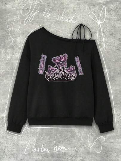 Y2Kool Studio Chunk Sudadera holgada con estampado de llama, mariposa y letras en estilo retro americano Y2K para mujer, con hombros descubiertos, bajo asimétrico y bordes deshilachados, sin capucha, para otoño/invierno. Sudadera gráfica con hombros descubiertos, colección de ropa de estilo, nuevos atuendos de año nuevo