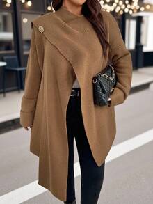 EMERY ROSE Plus Size Women Solid Color Cardigan Sweater, Vintage Design Cowl Neck Plus Size Wrap Sweater Jacket, Casual Loose Knit Sweater Coat, Pilling Resistant Knitwear Suitable For Halloween, Christmas, Back To School, Work/Office, Business Casual, Asymmetrical Design Jacket