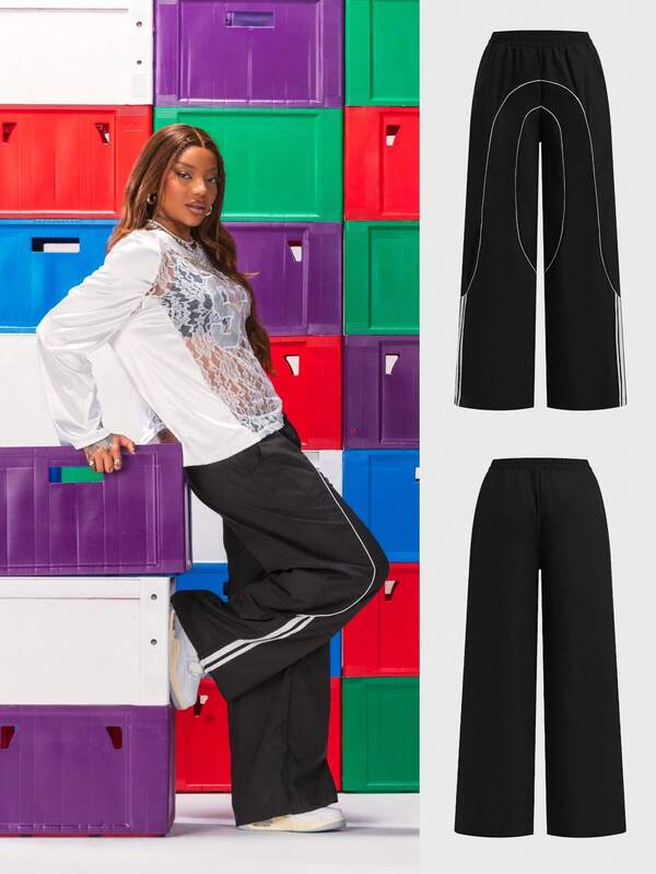 SHEIN x Ludmilla Coolane Pantalones de chándal de pierna ancha con cinta tejida negra, estilo atlético para niñas de vuelta al colegio
