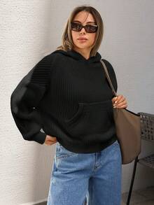 EURMUSE Femmes sweat-shirt à capuche ample et doux, pull tricoté détaillé - Noir - Voir 2