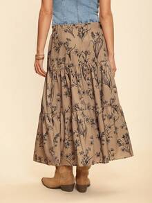 Coeurva Resort Style High Waist Loose Fit Botanical Printed Multi-Layered Ruffled Ruffle Hem Women Skirts - Brown - View 5