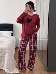 SHEIN Heart Plaid Print Long Sleeve Top & Pants Women Casual Pajama Set, Fall & Winter Clothes - Red - View 1