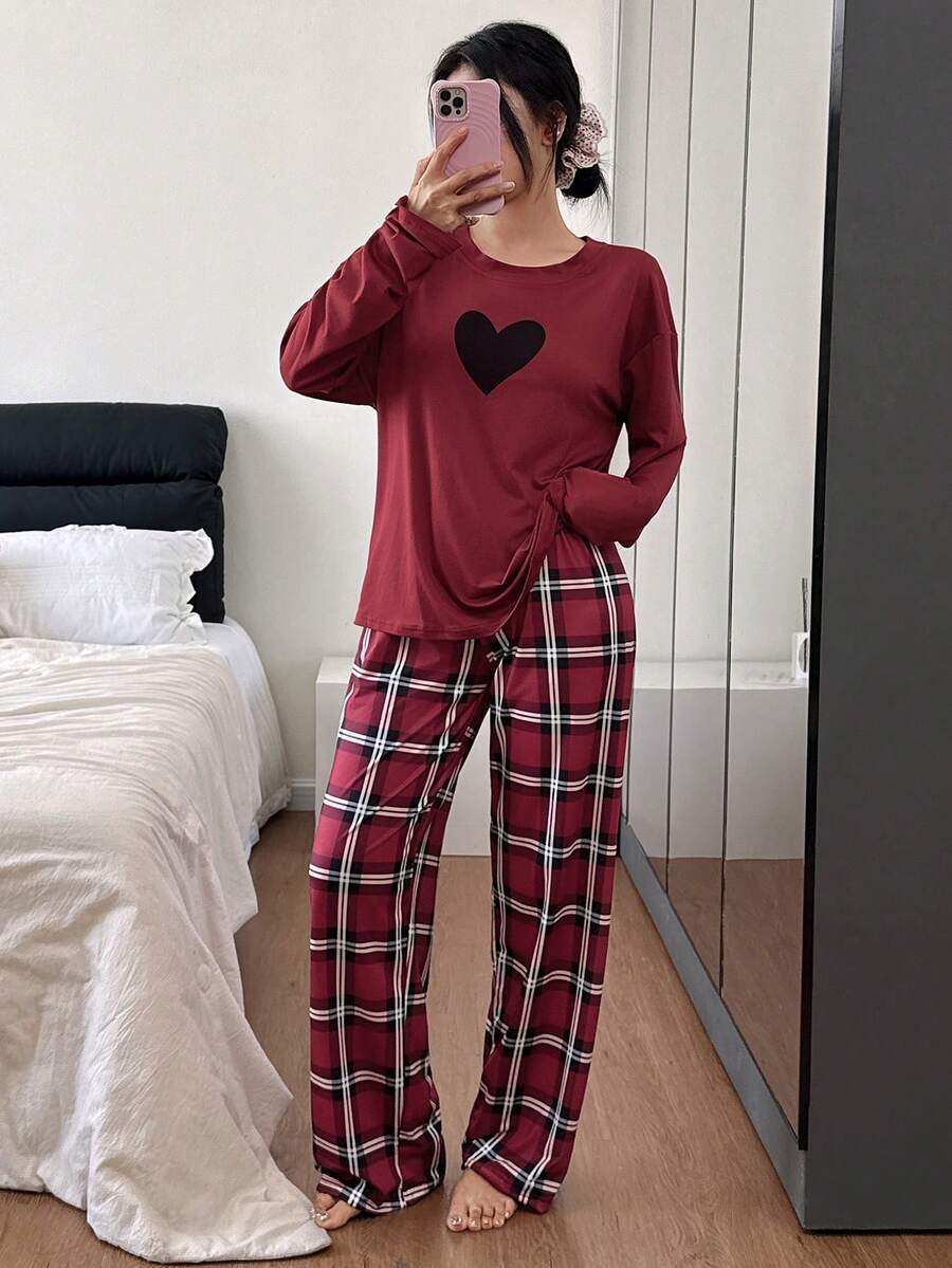 SHEIN Heart Plaid Print Long Sleeve Top & Pants Women Casual Pajama Set, Fall & Winter Clothes - Red - View 1