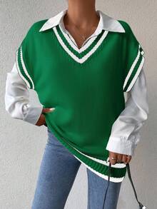 EURMUSE Women's Striped Edging Sweater Vest - Green - View 4