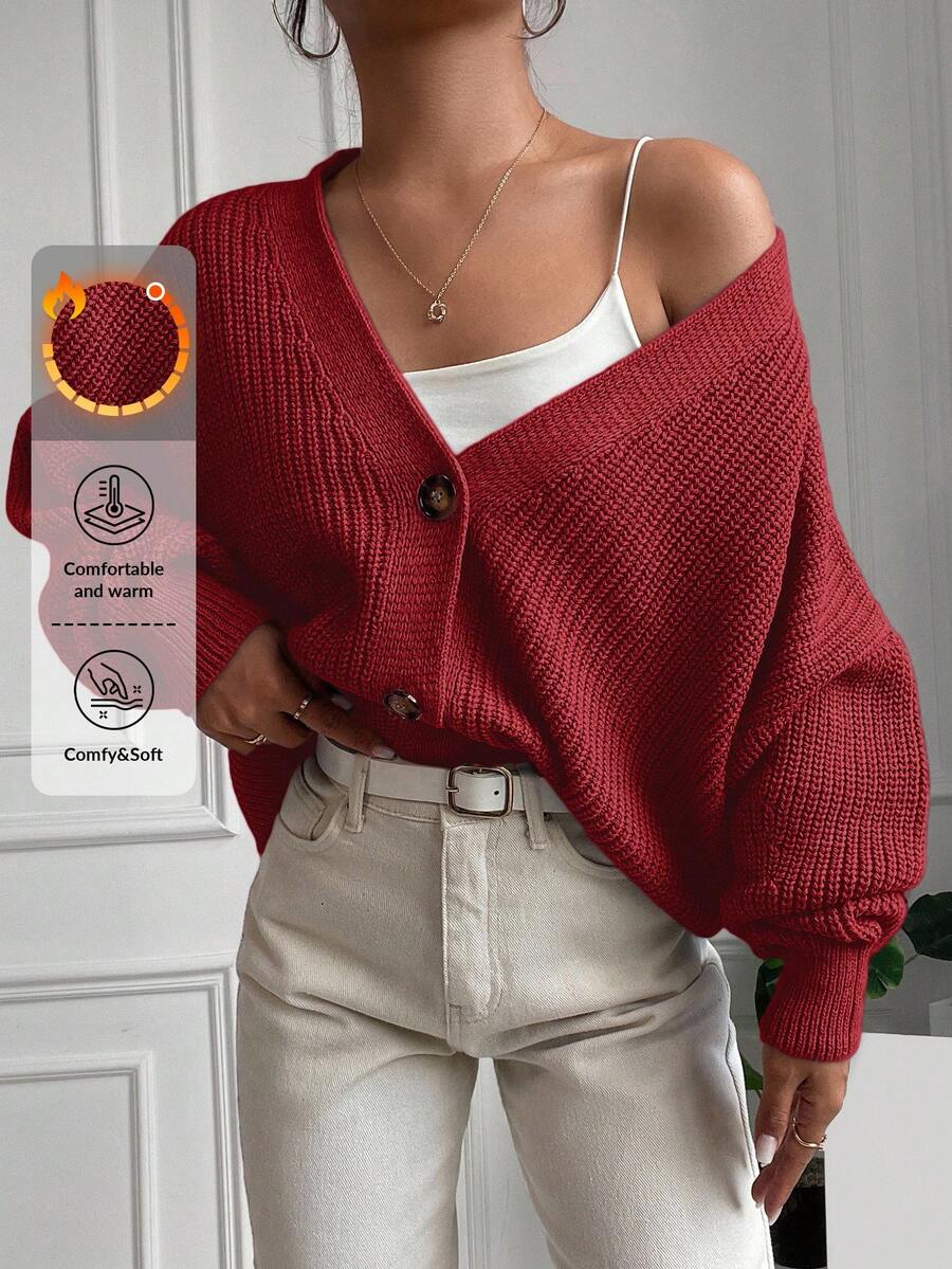 EURMUSE Gilet Cardigan Couleur Unie À Épaules Tombantes - Rouge - Voir 1