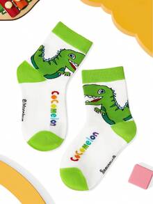 CoComelon X SHEIN 3 Pairs Boys Cotton Soft & Breathable Moisture-Wicking Kids Mid-Calf Socks Colorful Cute Cartoon Crew Socks Reinforced Toe & Heel For Durability All Seasons All-Match School & Outdoor Summer Winter,Dinosaur,Blue & White - Multicolor - View 8
