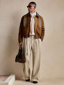 Business Casual AKNOTIC 男士褶裥腰袋宽松长裤，适合圣诞派对、宴会、商务、休闲、假日等多种场合。 - 杏色 - 查看 4