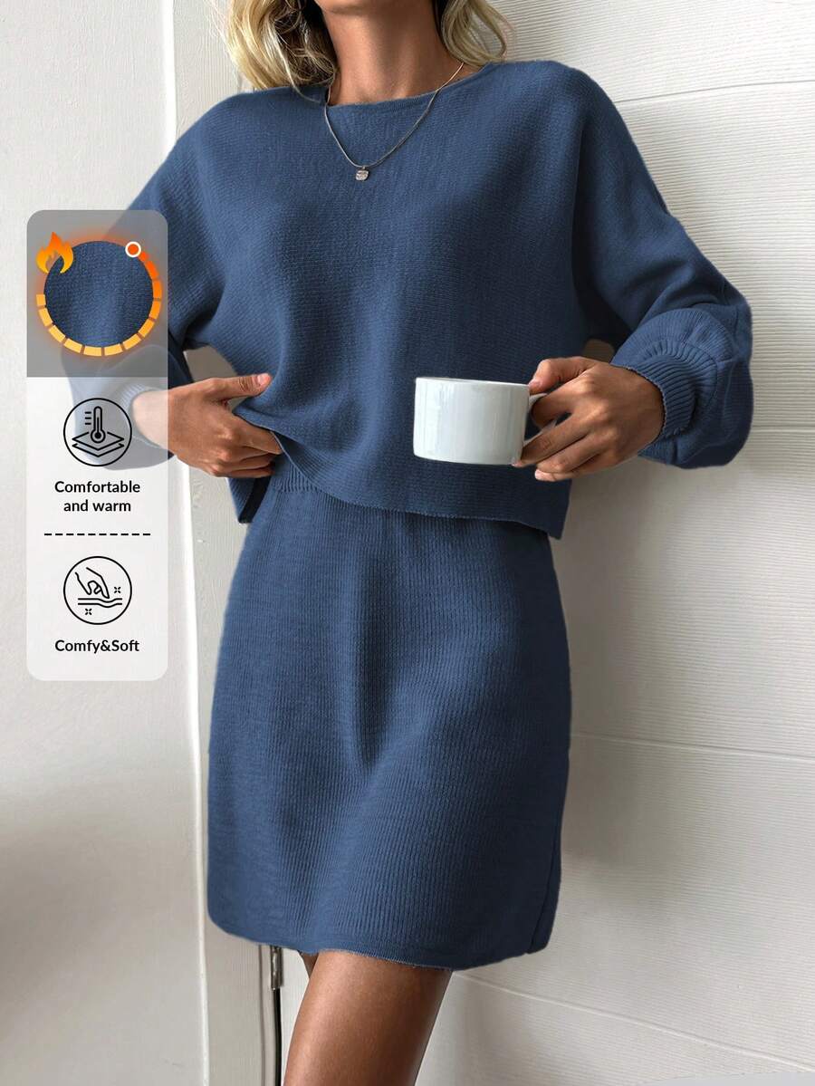 EURMUSE 2 件套女式毛衣套装,休闲简约套头衫和裤子,日常穿着 - 藏蓝色 - 查看 1