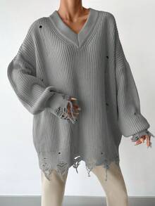 EURMUSE Women'S Drop Shoulder Sweater - Grey - View 4