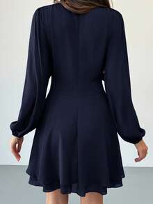 Aloruh Váy mini buộc dây tay dài viền bèo nhún màu tím mận lãng mạn cho ngày lễ hội âm nhạc dành cho nữ - Màu xanh hải quân - Xem 3