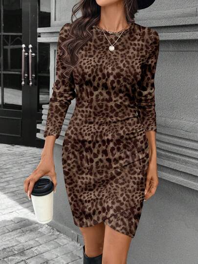 SHEIN LUNE Autumn Long Sleeve Leopard Print Ruched Waist Tight Fitted Elegant Ribbed Short Dress For Women, Autumn/Winter