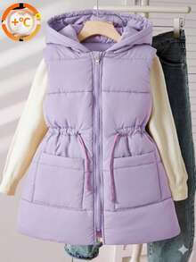 SHEIN Tween Extended Hooded Vest With Pockets And Zipper - Purple - View 6