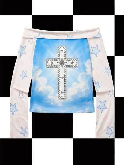 Y2Kool Maria Clara Maia Top corto ajustado con hombros descubiertos de estilo streetwear Y2K con diseños de arte de píxeles a color, anime, estrellas, streetwear, cielo, nubes, surrealista y futurista, adecuado para fiestas de otoño/invierno, vacaciones y uso diario. Colección de ropa de mujer de estilo Y2K, top de iglesia con estampado de estrellas pastel, top de hadas, top de colores pastel, ropa de estilo elegante para Año Nuevo