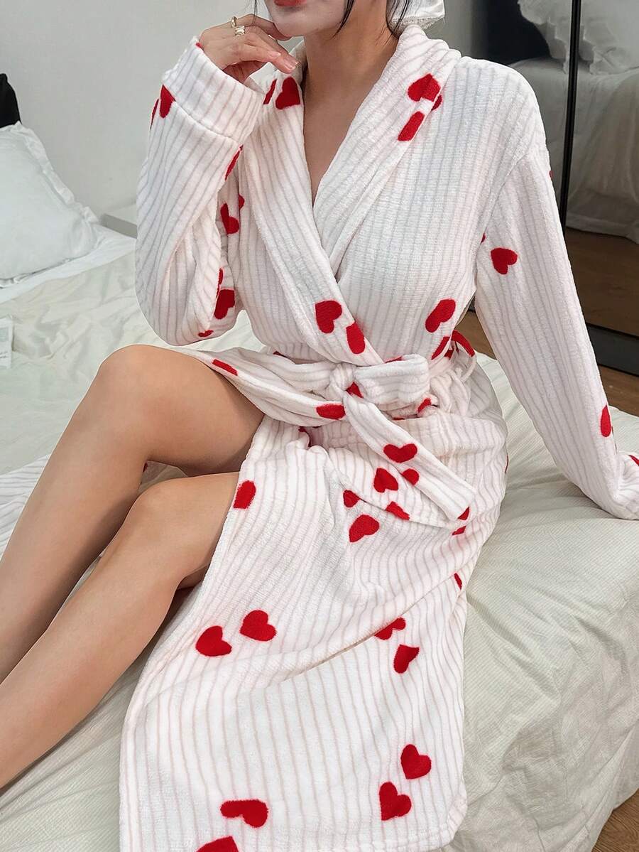 SHEIN 舒适条纹爱心长袖腰带女士睡袍,秋冬季,蓬松柔软 - 彩色 - 查看 1
