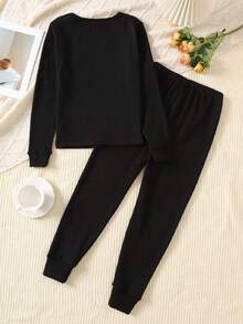 SHEIN 2 件套青少年女孩黑色保暖针织长袖上衣和打底裤打底衫套装，秋冬 - 黑色 - 查看 2