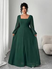 SHEIN Clasi Plus Size Women Square Neck Waist Cinched Long Sleeve Dress - Dark Green - View 3