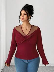SHEIN Elenzya Áo thun tay dài cổ chữ V thanh lịch, chất liệu lưới xoắn cỡ lớn dành cho nữ - Màu Đỏ Sâu - Xem 3