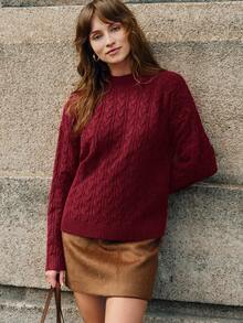 Écloséra Roupas femininas casuais, versáteis e elegantes, estilo francês vintage, para festas de outono/inverno, suéter vermelho com gola alta, manga comprida, ajuste solto e design floral em malha de corda, moda casual para negócios e festas modestas