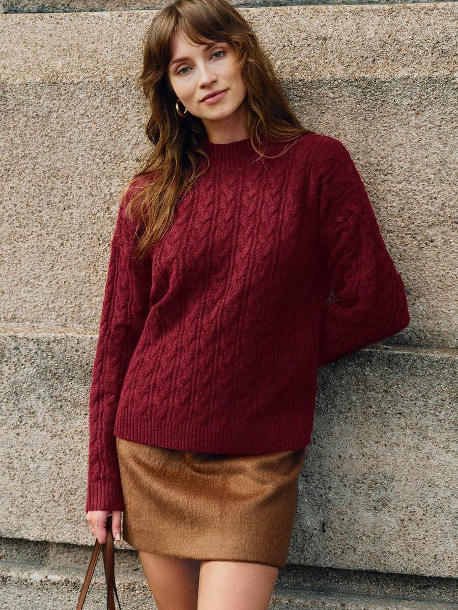 Écloséra Roupas femininas casuais, versáteis e elegantes, estilo francês vintage, para festas de outono/inverno, suéter vermelho com gola alta, manga comprida, ajuste solto e design floral em malha de corda, moda casual para negócios e festas modestas