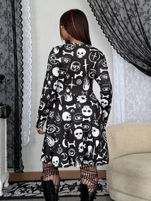 Whyspr Plus Size Women Gothic Style Skull Print Criss-Cross Long Sleeve Dress