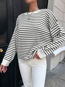 EURMUSE Women's Casual Colorblock Striped Drop Shoulder Sweater, Autumn/Winter - Hijau Tentara - View 5
