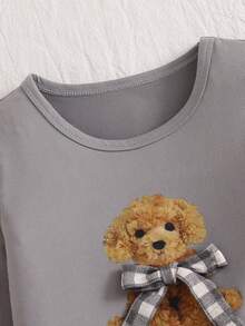 SHEIN Genkimix Kids 2 件套女童卡通小狗蝴蝶结印花针织休闲长袖上衣和裤子睡衣套装 - 淺灰色 - 查看 3