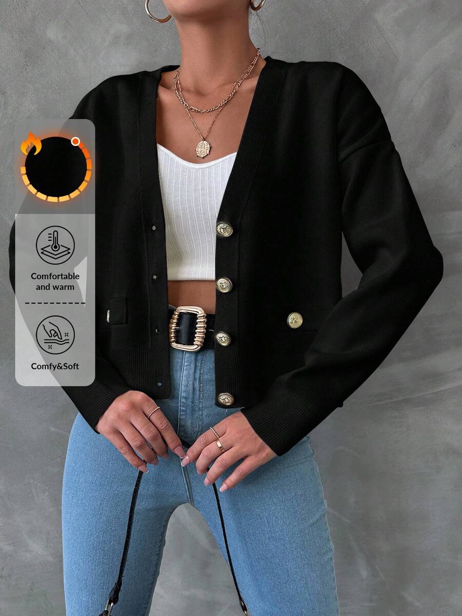 EURMUSE Cárdigan De Color Liso Con Hombros Caídos Y Frente Abierto Para Mujer - Negro - Ver 1