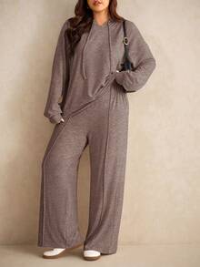 SHEIN Elaquor Bộ đồ 2 món thường ngày cho nữ cỡ lớn, áo hoodie dài tay trễ vai màu trơn có dây rút và quần ống rộng - màu nâu - Xem 6
