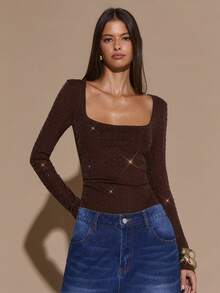 SHEIN BAE Women's Elegant Bodysuit With Rhinestone Decor, Suitable For Nightclub, Party, Cocktail Party, Romantic Date, Autumn/Winter Layering, Brown Bodysuit,Fall,Fall Clothes For Women