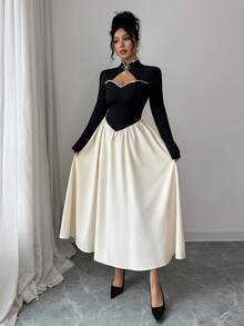 Elenzga Women's Color Block Rhinestone Decor Hollow Out Elegant Long Sleeve Midi Dress