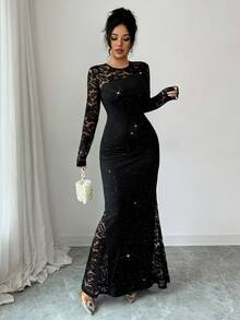 Opuloom Váy ôm cổ tròn tay dài phối ren thanh lịch dành cho nữ, vải dệt kim co giãn, đa năng cho các buổi đi chơi, tiệc tùng, Giáng sinh - màu đen - Xem 5