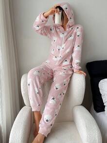 SHEIN 可爱小熊印花抓绒长袖连帽女式连体衣，蓬松舒适睡衣，秋冬款 - 粉色 - 查看 3