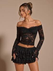 SHEIN BAE 1 Set Women's Black Off Shoulder Long Sleeve Lace Blouse & Low-Waist Layered Ruffle Hem Mini Skirt, Elegant Ruffle Hem 2-Piece Set, Lace Elegant Ladies Skirt, Autumn/Winter - Black - View 6