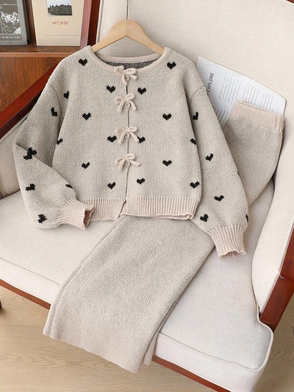 Genkimix Kids 2 piezas Conjunto de suéter para niñas preadolescentes para otoño/invierno, lindo y dulce cárdigan con detalles de corazón y lazo, combinado con pantalones de pierna ancha