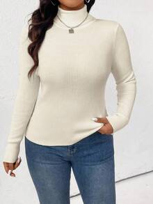 Plus Size Solid Color Casual Versatile Turtleneck Sweater, Autumn/Winter - Apricot - View 1