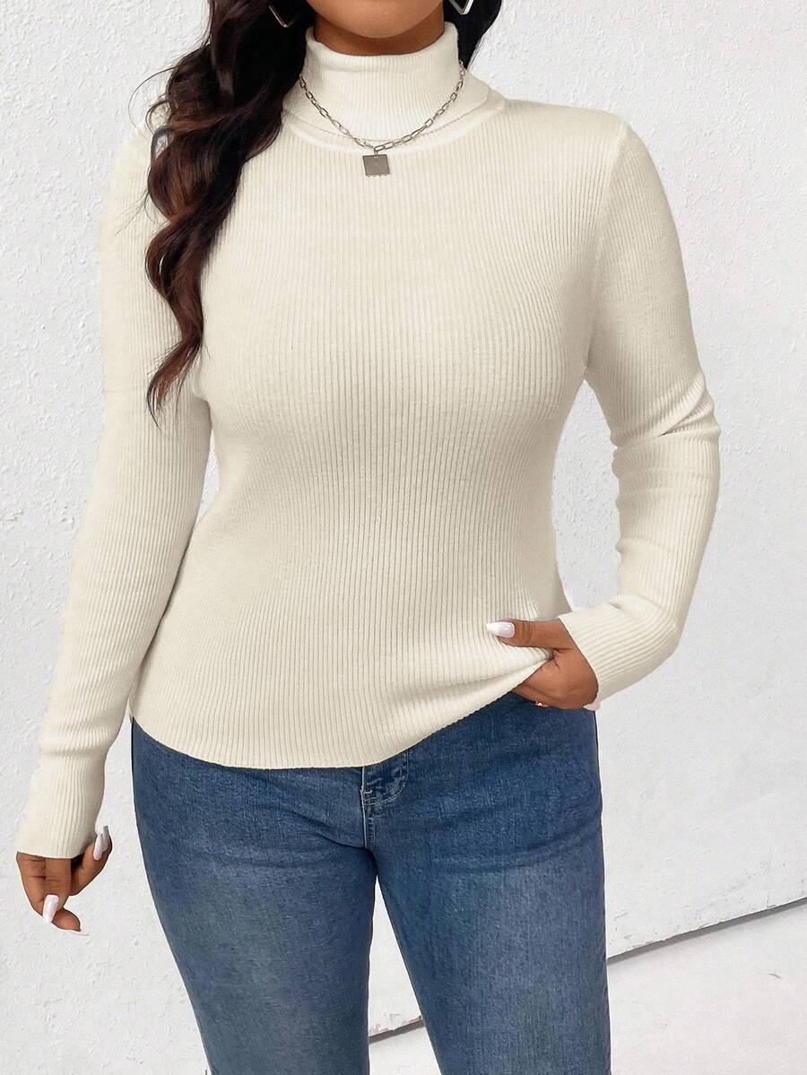 Plus Size Solid Color Casual Versatile Turtleneck Sweater, Autumn/Winter - Apricot - View 1