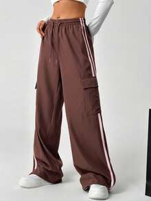 SHEIN EZwear 女式休闲多色抽绳腰带条纹侧袋裤 - 彩色 - 查看 6