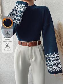 EURMUSE Femme Pull décontracté à motif géométrique avec épaules tombantes pour l'automne/l'hiver - Bleu marine - Voir 1