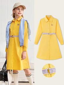 Joliand Joliand 1pc Tween Girls Elegant College Style Casual City Cute Puppy Decor Yellow Collar Long Sleeve Shirt Dress, With Blue & White Belt Included, Suitable For Outings, Gatherings, Back To School, Summer & Autumn Yellow Dress For Girls Tween Girl Dress Girls Collared Dress Girls Summer Dress Casual Dress For Girls Preppy Style Dress Tween Girls Dress Back To School  School  Clothes School Supplies Pet And Family Clothing ColorfulJoy Backtoschool - Yellow - View 2