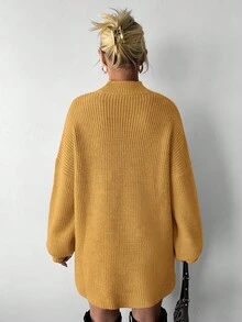 EURMUSE 女士纯色立领落肩长袖侧开衩下摆休闲宽松毛衣，秋冬款 - 橘色 - 查看 2