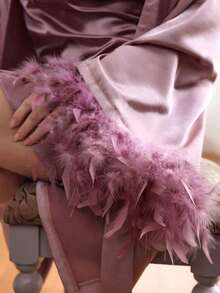 SHEIN Clasi Women's Autumn/Winter Long Sleeve V-Neck Flared Sleeve Feather Trim Cinched Waist Elegant Solid Color Shiny Fabric Regular Jacket - Dusty Pink - View 7