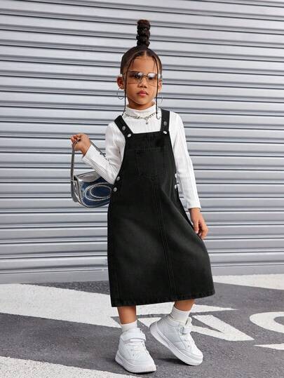 SHEIN 年轻女孩休闲基本款蓝色牛仔背带裙