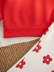 SHEIN Playful Pals 女婴秋冬新款荷叶边领长袖花卉贴花卫衣和罗纹花卉印花喇叭裤休闲运动套装 - 紅色 - 查看 4