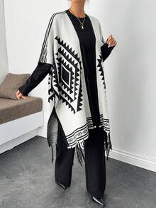 EURMUSE Áo len nữ phối màu trắng đen kèm áo khoác cardigan - Đen và trắng - Xem 1