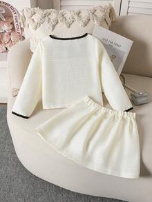 Elladie kids 年轻女孩时尚圆领珍珠纽扣 3D 蝴蝶结长袖夹克和百褶裙两件套，适合派对、生日、公主风格、春秋季 - 白色 - 查看 2