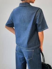 Siren Gaze 女士休闲通勤条纹上衣和牛仔裤套装 - 深色水洗藍 - 查看 5