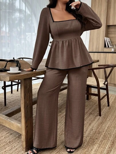 Weeklong Plus Size Women Ruffle Trim Square Collar Long Sleeve Blouse And Wide Leg Pants Casual 2 Pieces Set